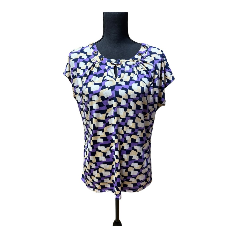 Notations White, Purple & Black Cap Sleeve Blouse with Peter Pan Collar - Picture 2 of 5